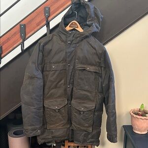 Filson Olive Small Down Cruiser Hooded Jacket waxed canvas